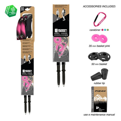 Fizan hiking poles with packaging and accessories on a white background