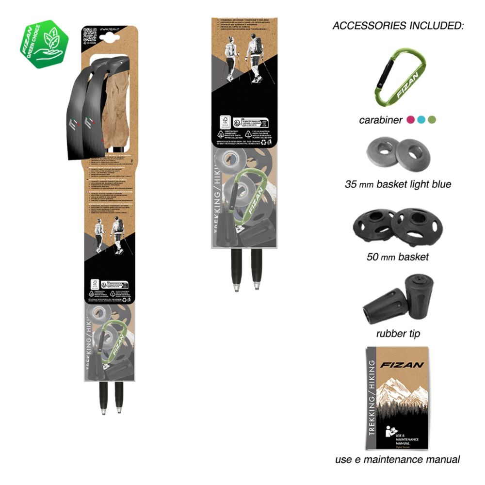 Packaging of a hiking tool with accessories listed on the right