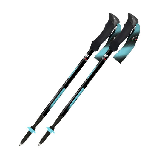 Two black and turquoise hiking poles on a white background