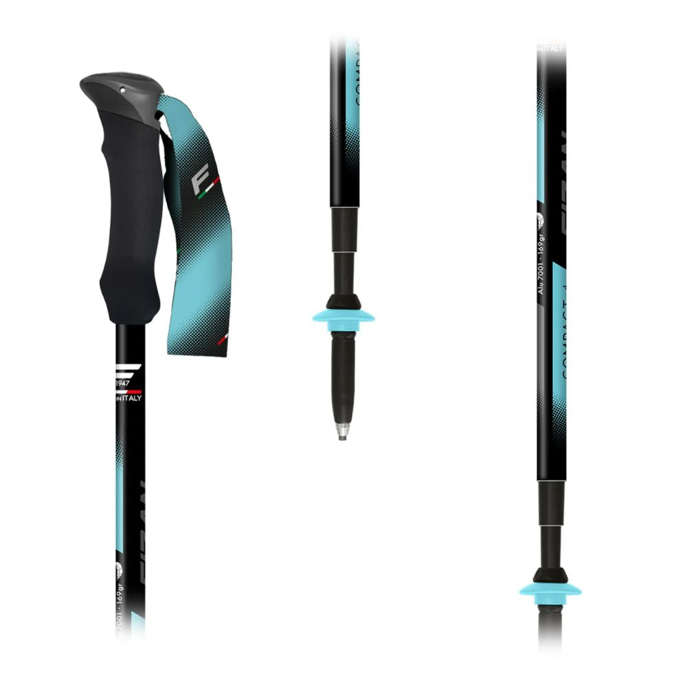 Black and blue hiking poles with a brand logo on a white background