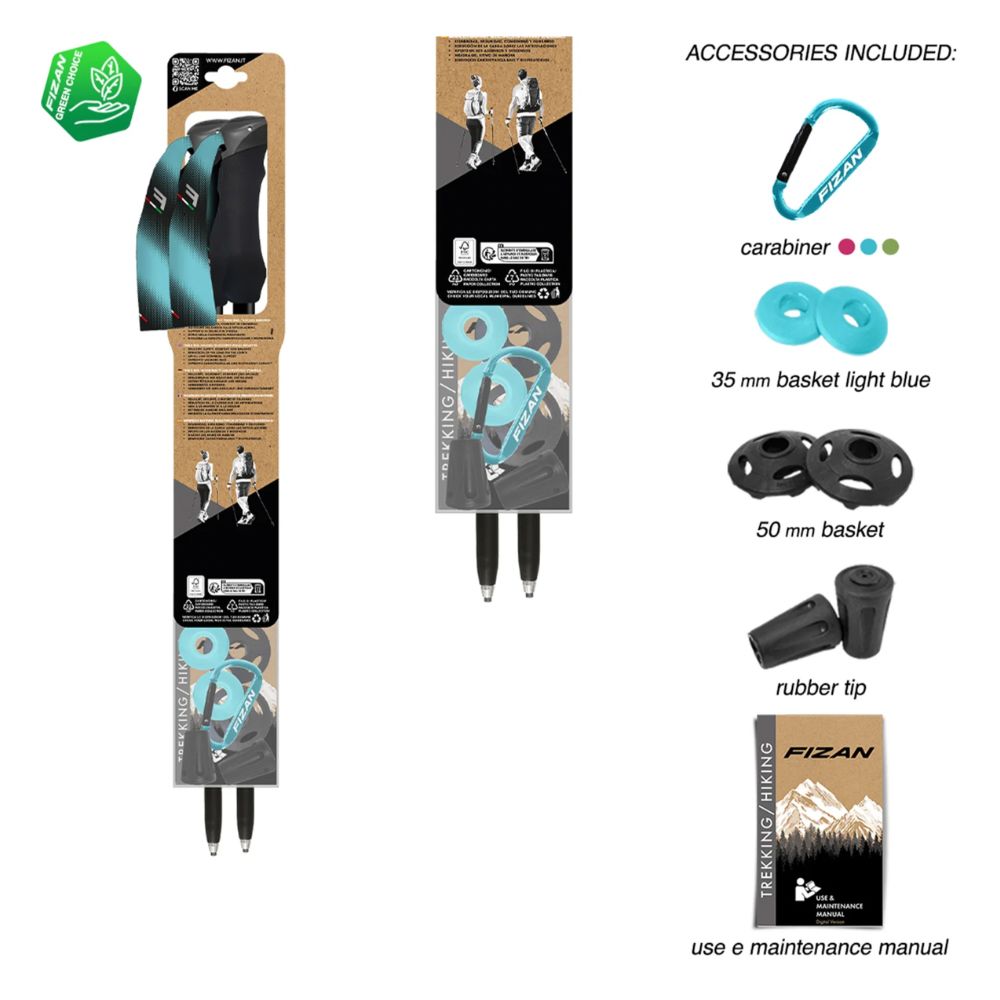 Fizan hiking pole packaging with accessories listed on a white background