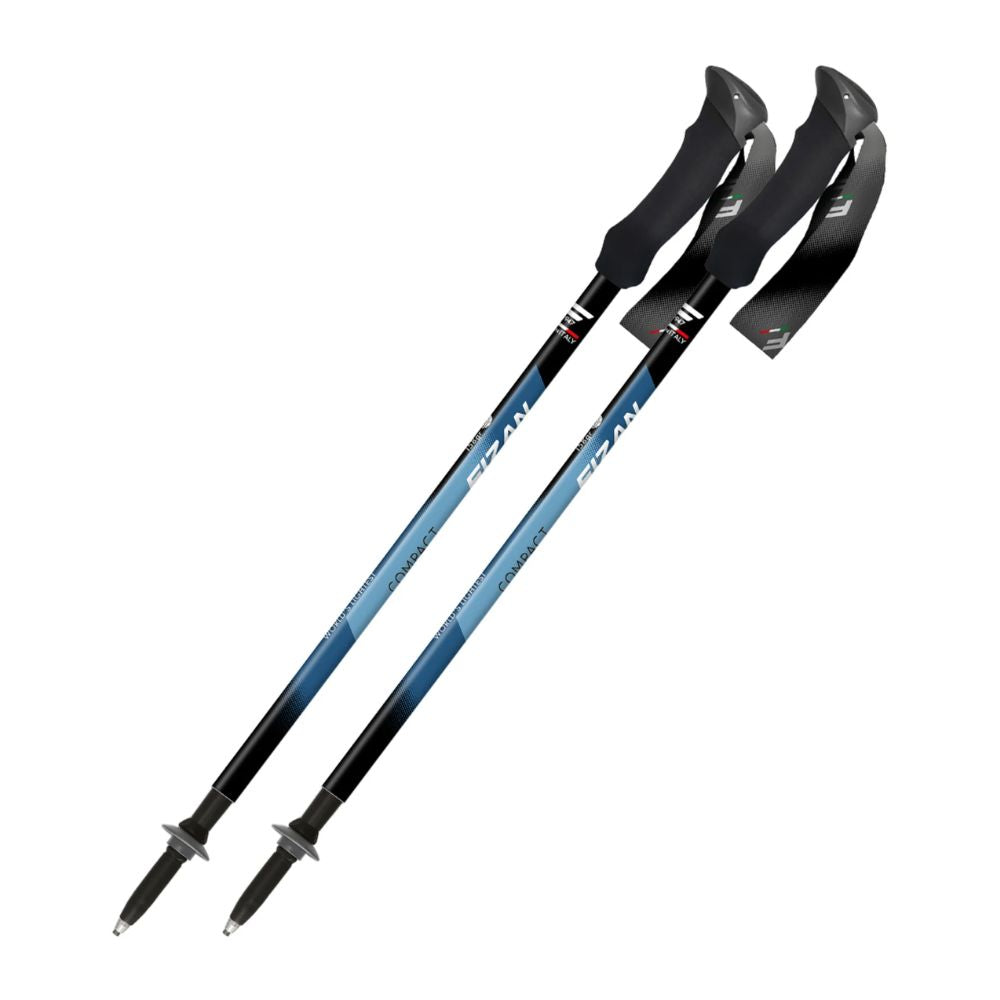 Two blue and black hiking poles on a white background