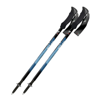 Two blue and black hiking poles on a white background