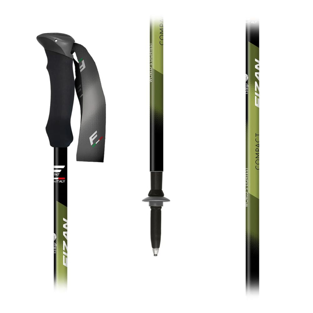 Two hiking poles with black and green design on a white background