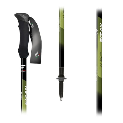 Two hiking poles with black and green design on a white background