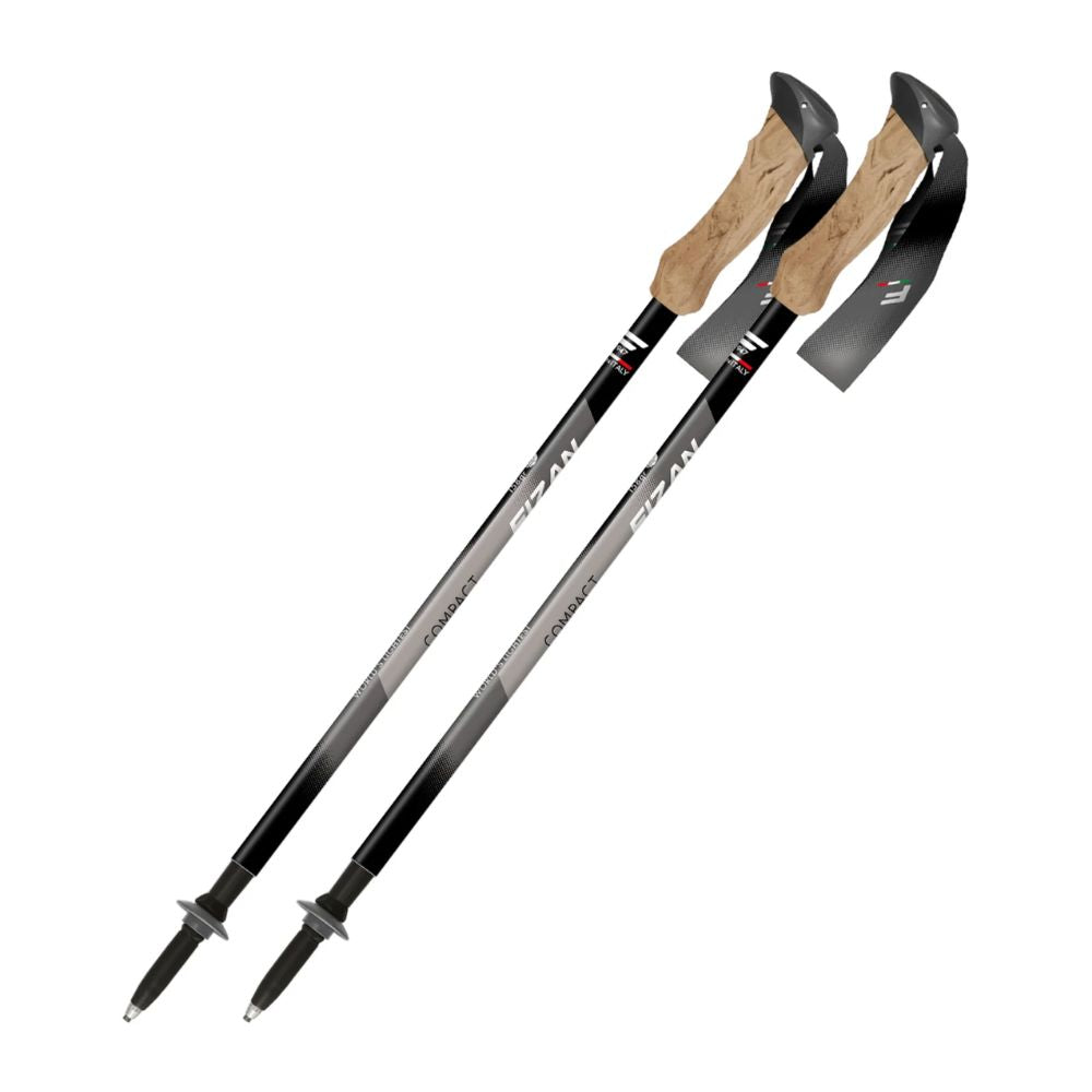 Two hiking poles with wooden grips on a white background