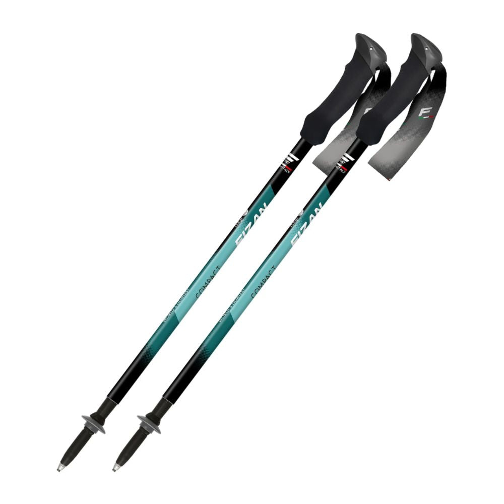 Two hiking poles with black and teal design on a white background