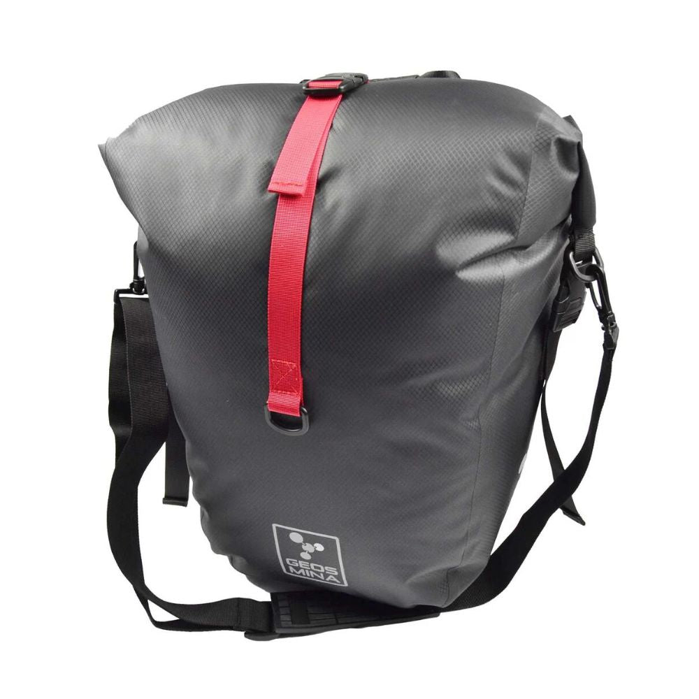 Gray pannier with a red strap on a white background