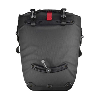 Black pannier with red strap on a white background