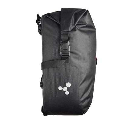 Black pannier bag with a logo on a white background