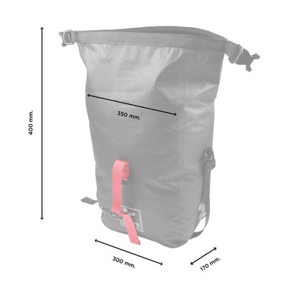 Gray pannier bag with measurements on a white background