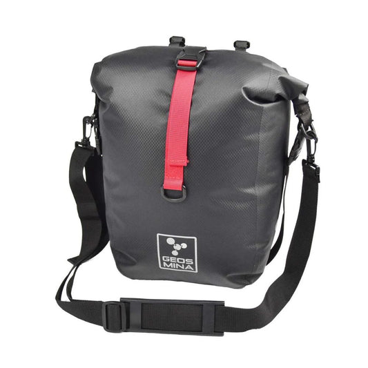 Gray pannier with a red strap and visible brand logo on a white background