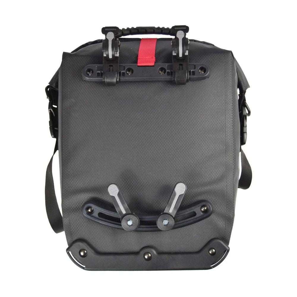 Gray pannier with black straps and a red stripe on a white background