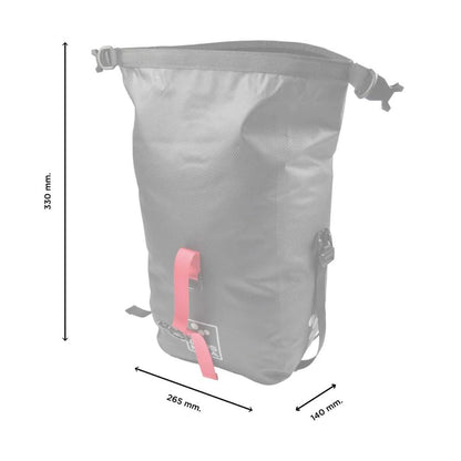 Gray pannier bag with pink strap and measurements on a white background