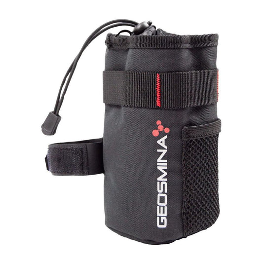 Black pouch with a strap and Geosmina branding on a white background