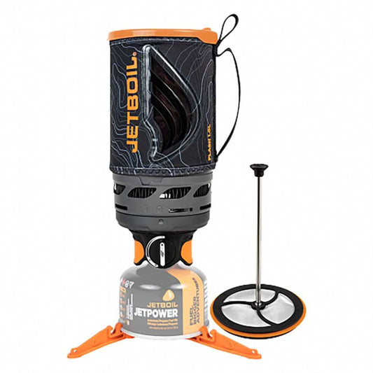 Jetboil stove system with gas canister and filter on a white background