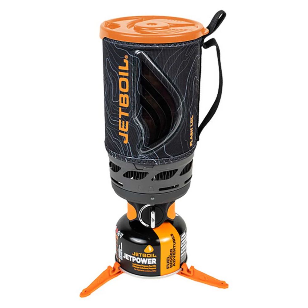 Jetboil camping stove with orange accents on a white background