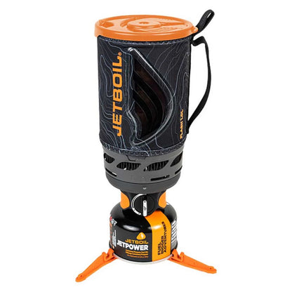 Jetboil camping stove with orange accents on a white background