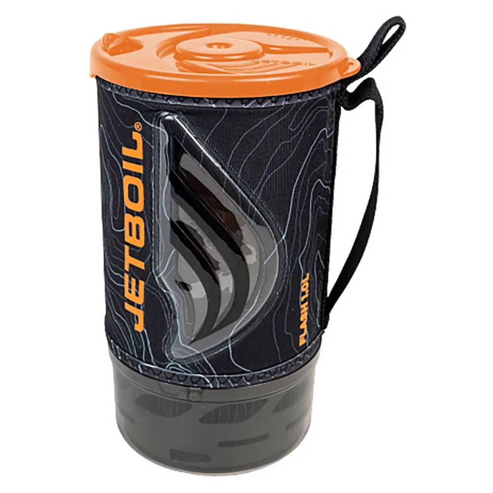 Jetboil camping stove with orange lid on a white background