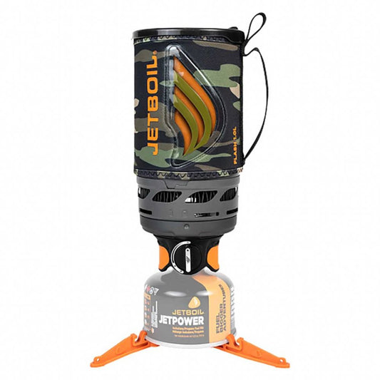 Camouflage Jetboil stove system with a Jetpower fuel canister on a white background