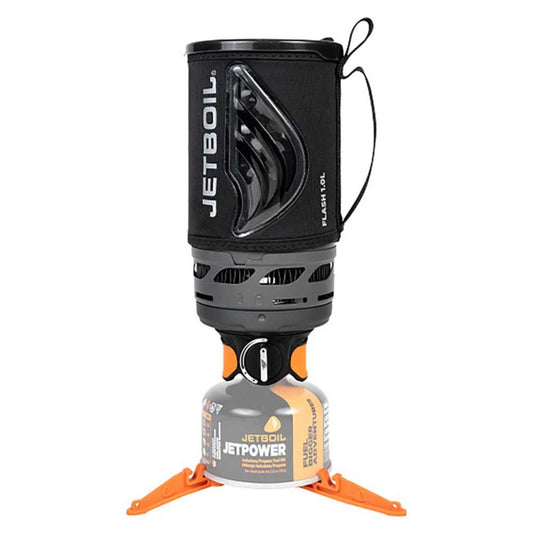Jetboil Flash camping stove with fuel canister on a white background