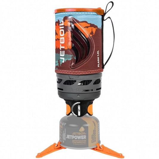 Jetboil Flash camping stove with colorful lid on a white background