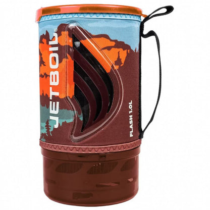 Jetboil Flash camping stove with mountain design on a white background