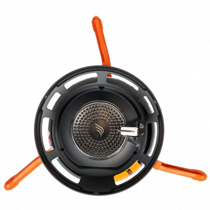 Black camping stove with orange legs on a white background
