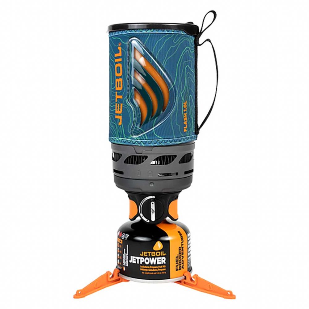 Jetboil Flash camping stove with blue and orange design on a white background