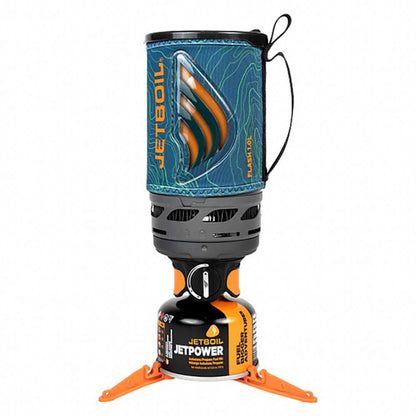 Jetboil Flash camping stove with blue and orange design on a white background