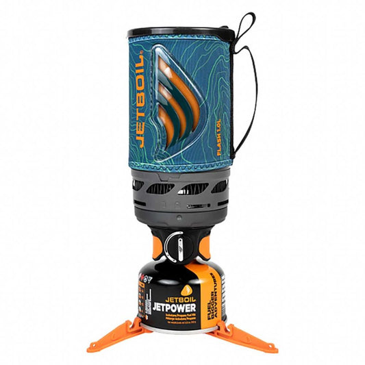 Jetboil Flash camping stove with blue and orange design on a white background