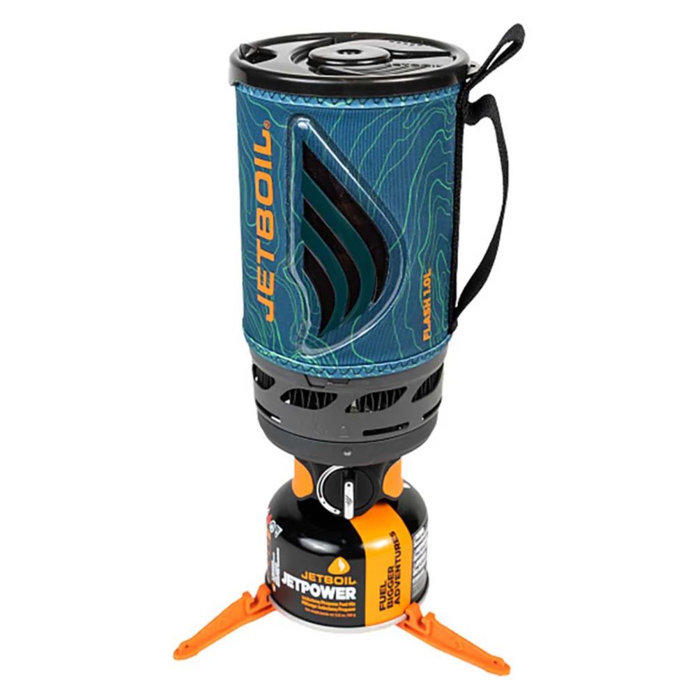 Jetboil cooking system with blue carrying canister on a white background