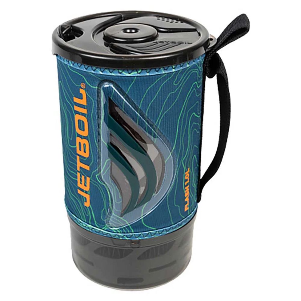 Blue camping coffee maker with black lid and handle on a white background
