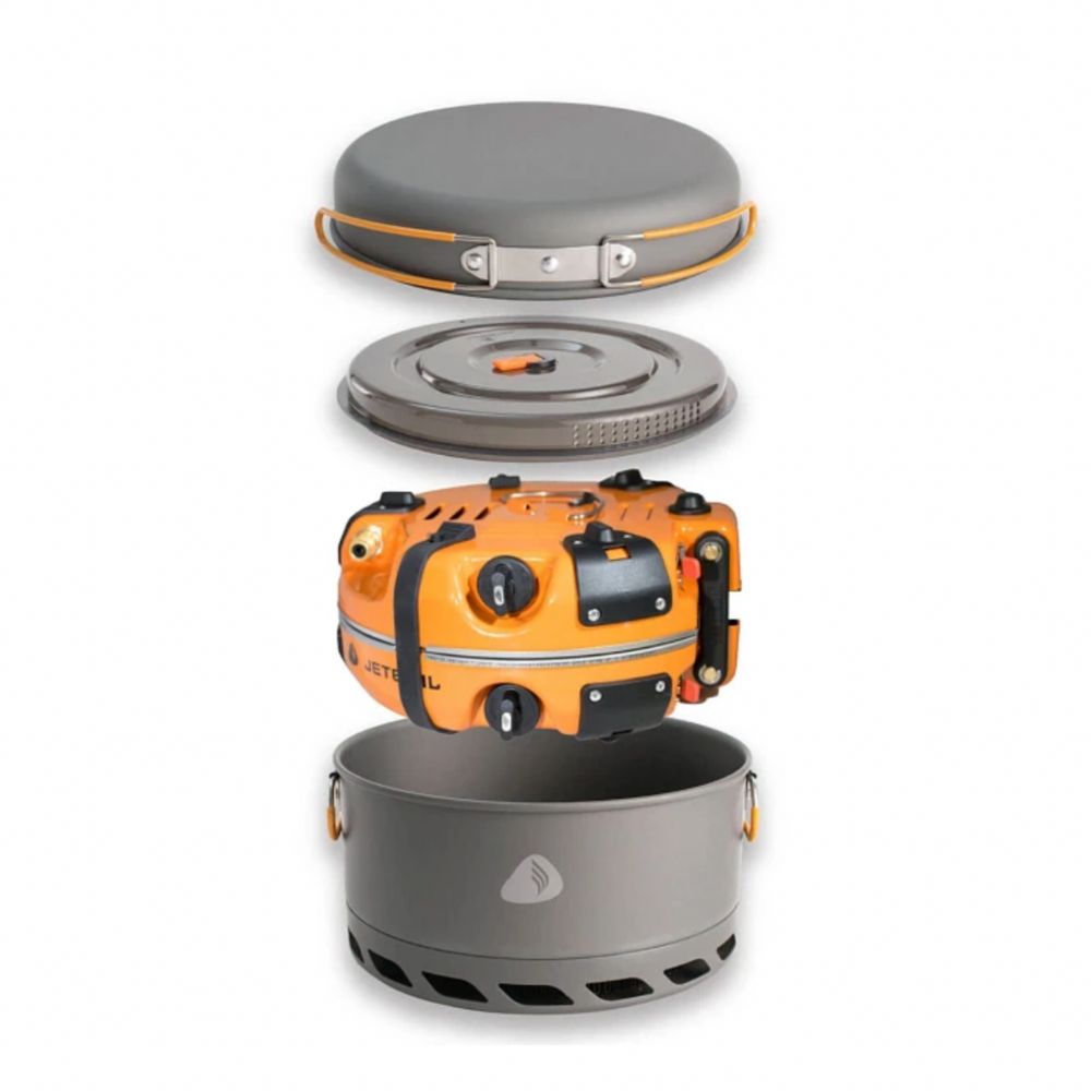 Camping cookware set with pots and stove on a white background
