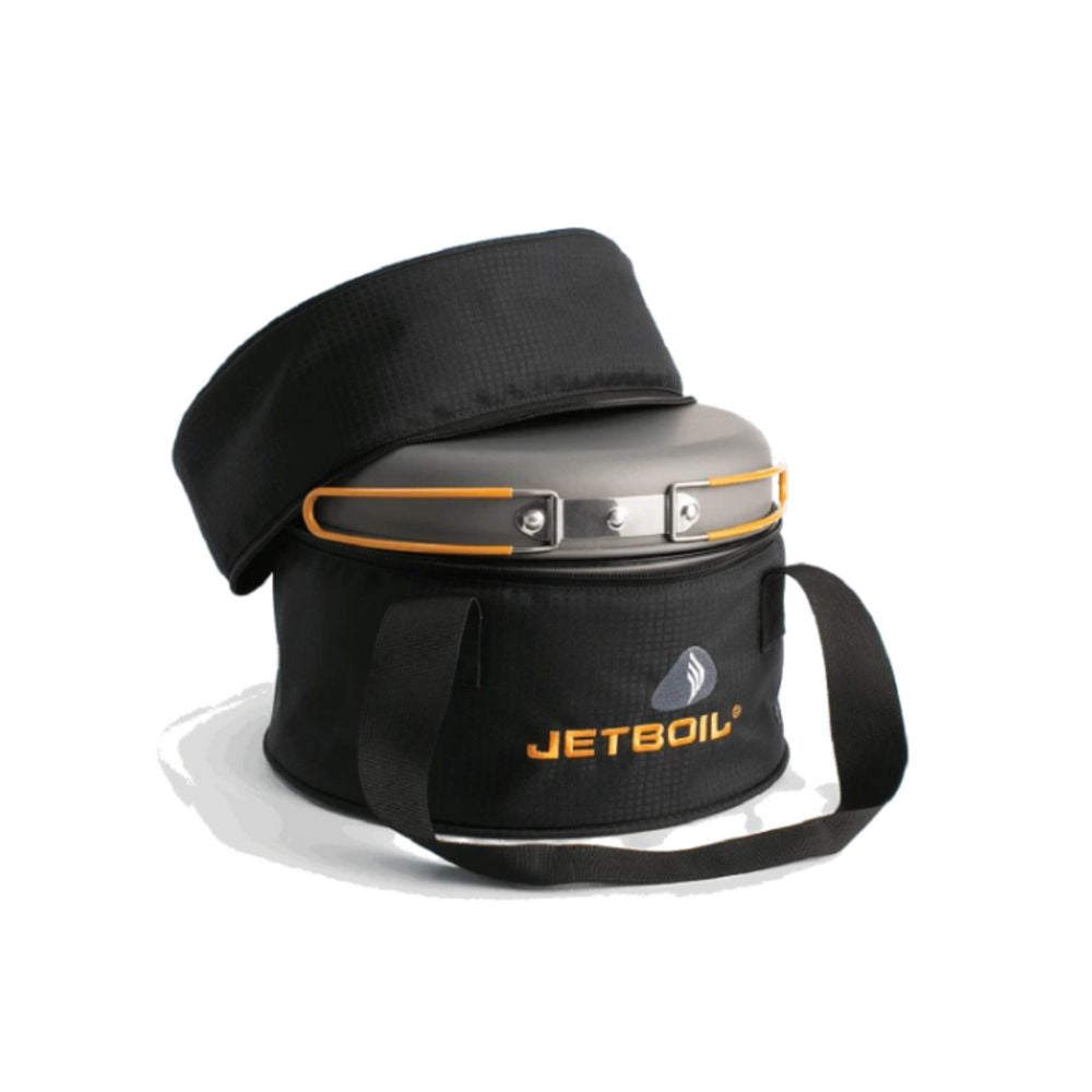 Jetboil cooking system with black carrying bag on a white background