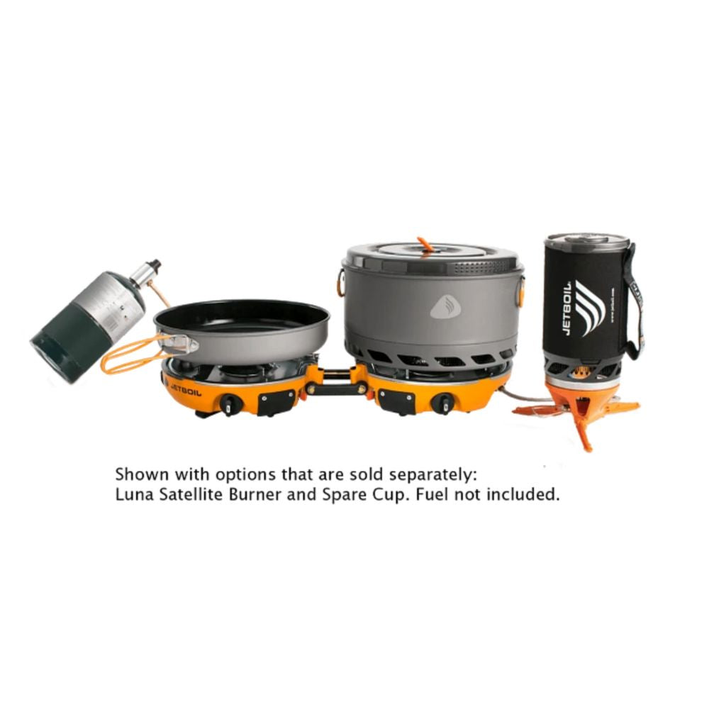 Camp stove with Luna Satellite Burner and Spare Cup on a white background