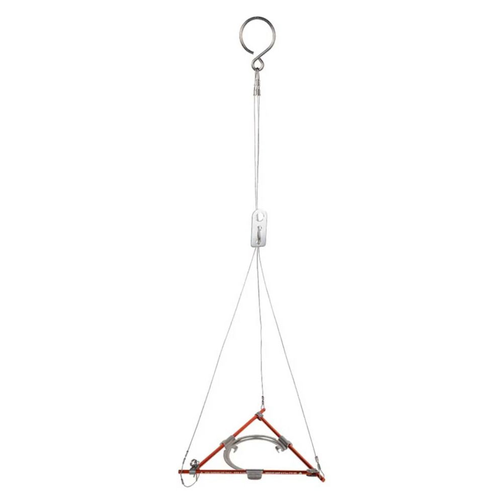Red triangular hanging device with a metal hook on a white background