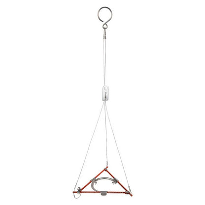 Red triangular hanging device with a metal hook on a white background