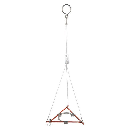 Red triangular hanging device with a metal hook on a white background