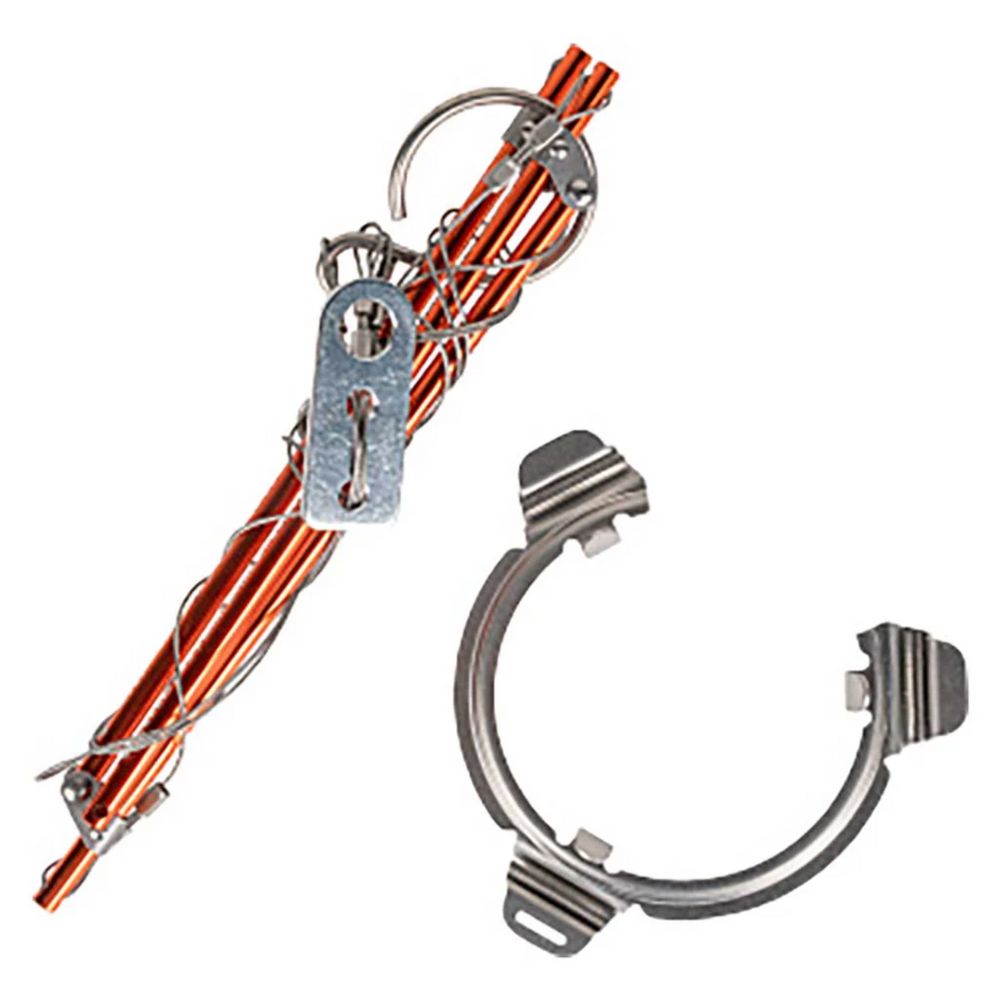 Metallic hanging device with orange cables on a white background