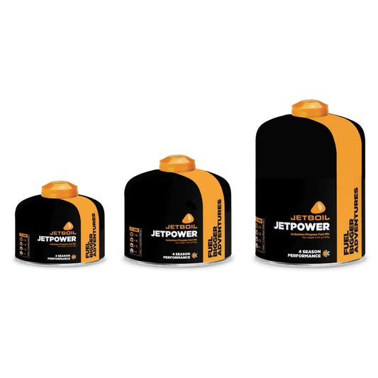 Three Jetboil Jetpower fuel containers on a white background