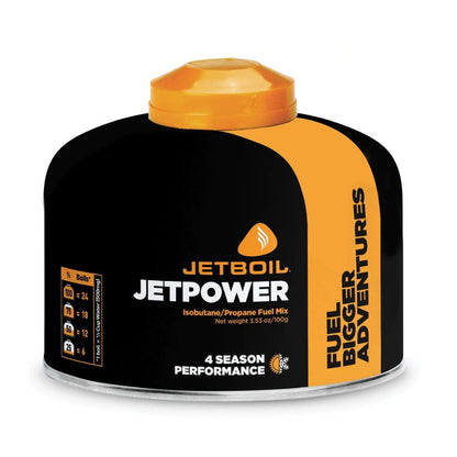 Jetboil Jetpower fuel canister with black and orange design on a white background