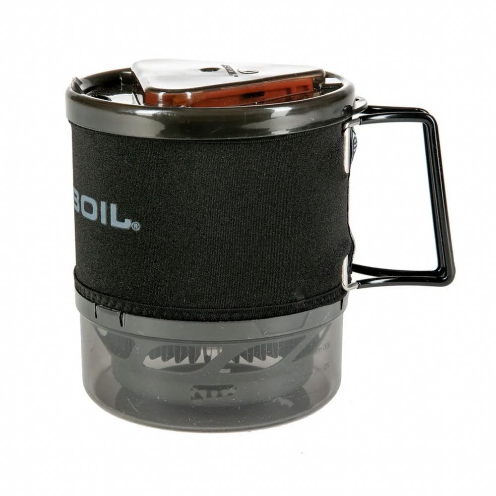 Black and clear portable coffee maker with handle on a white background
