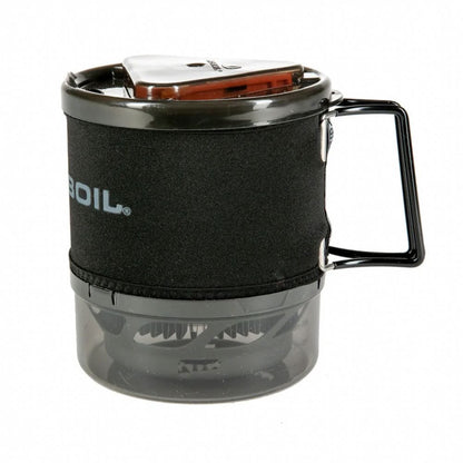 Black and clear portable coffee maker with handle on a white background