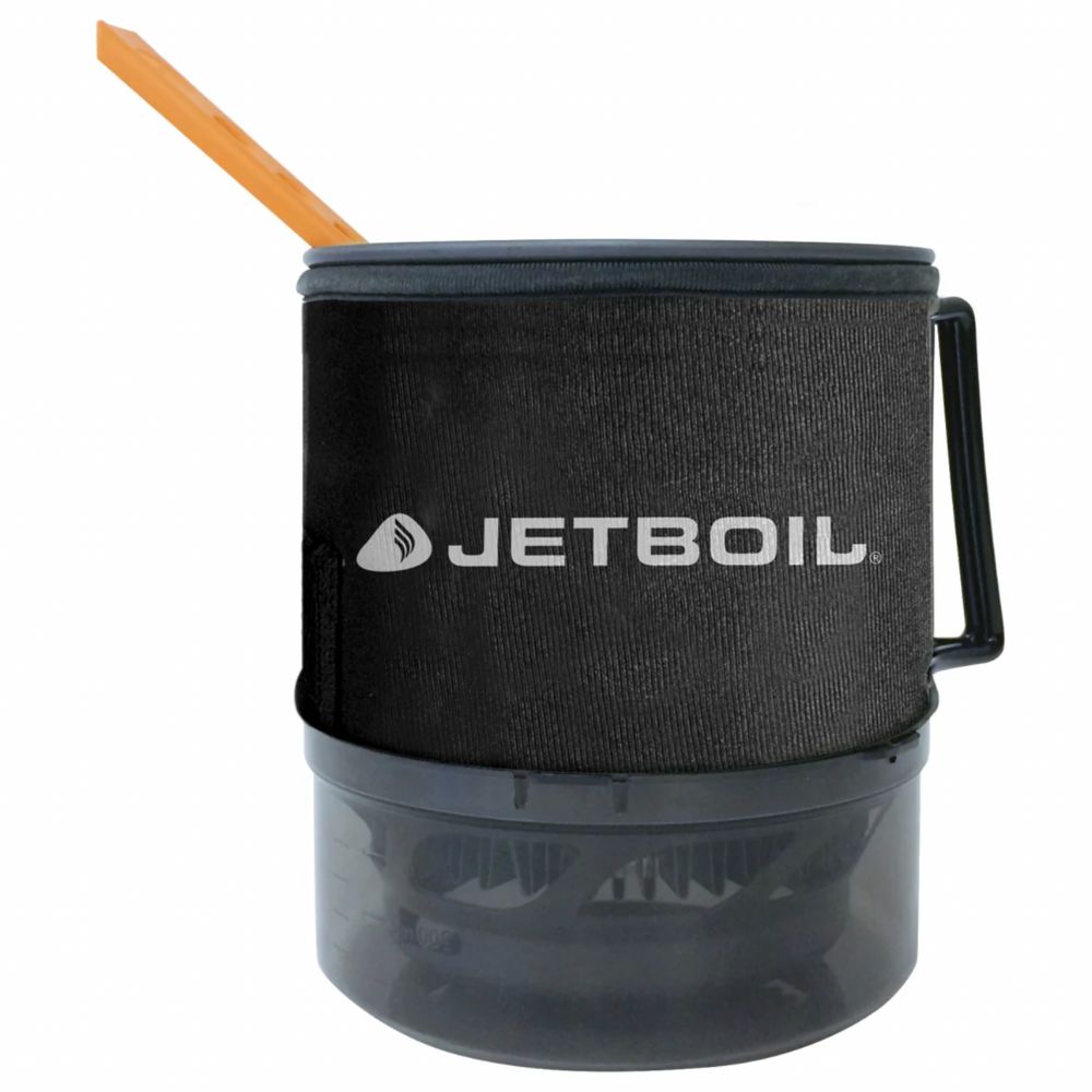 Black Jetboil mug with a handle and straw on a white background