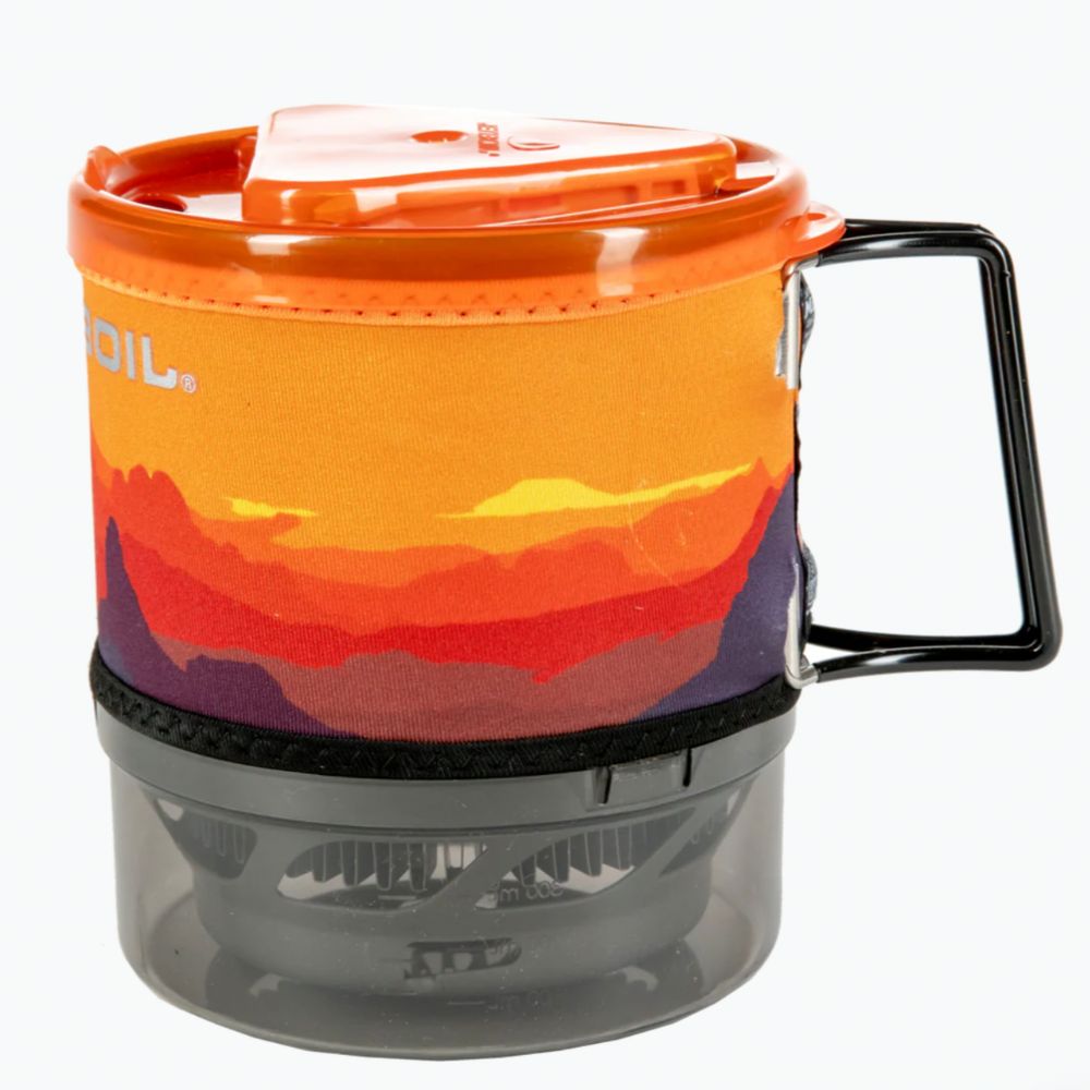 Jetboil stove with colorful top on a white background