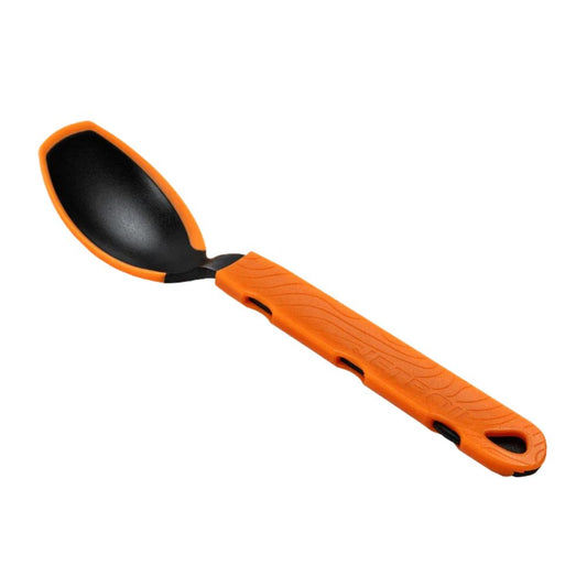 Black spoon with orange handle on a white background
