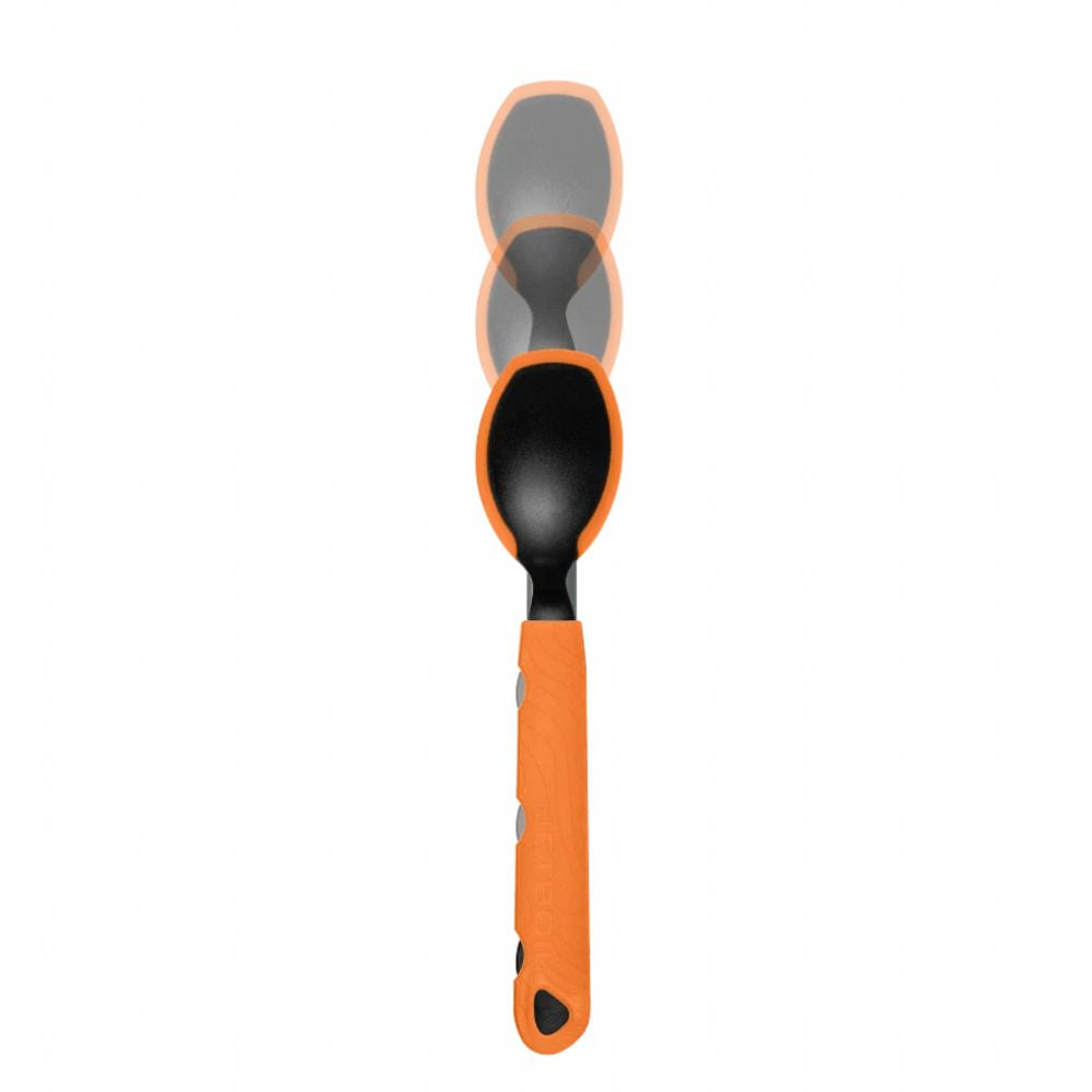 Spoon with orange handle and gray spoon head on a white background