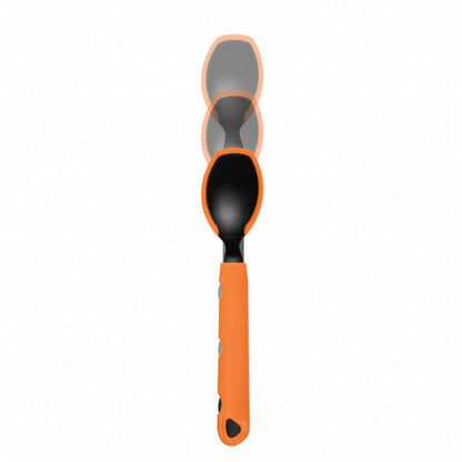 Spoon with orange handle and gray spoon head on a white background
