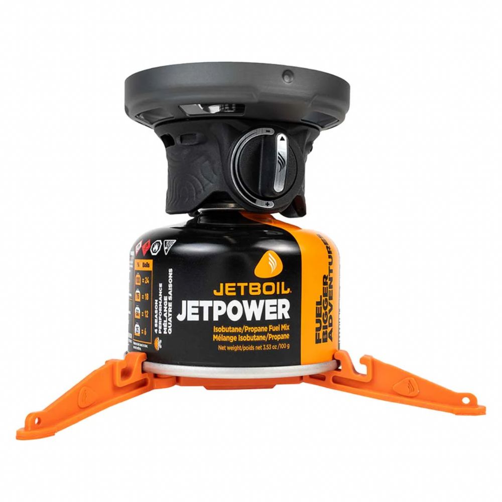 Jetboil stove with Jetpower fuel canister on a white background